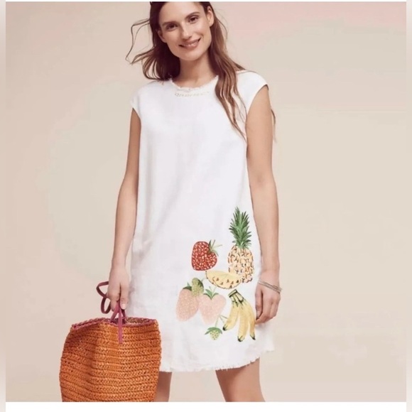 Anthropologie Holding Horses Fruit Salad Linen Tunic Dress White Raw Size Medium - Picture 2 of 9